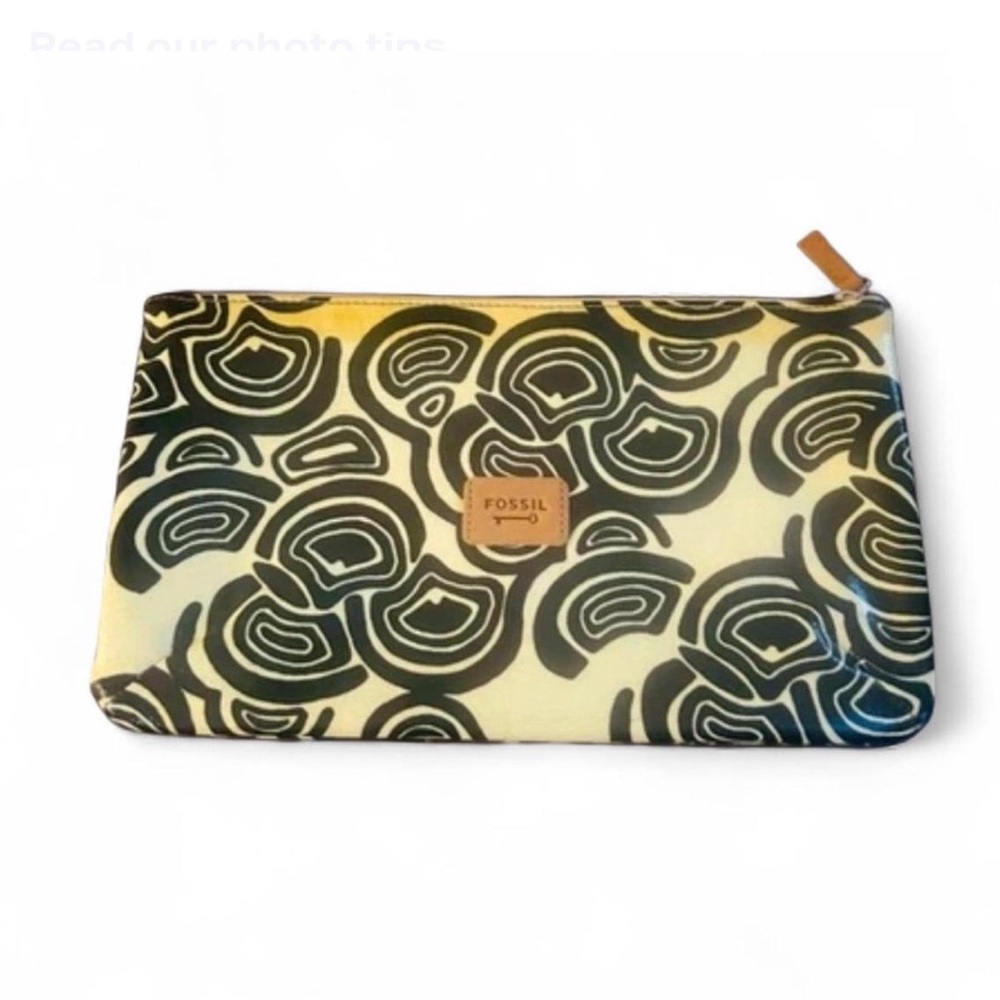 Fossil Key-Per Medium Zipper Pouch Bag Coated Canvas Tan Black Leather Trim Y2K